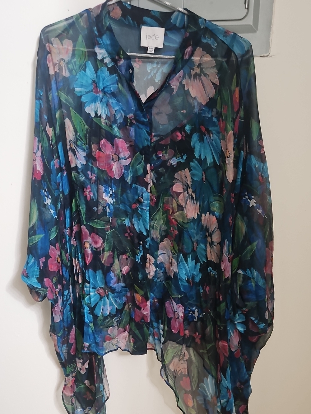 Jade Navy Sheer Floral Button-Front Blouse with Blue and Pink Flowers